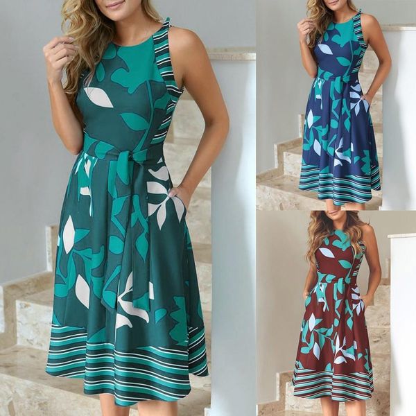 dress women summer casual round neck sleeveless leaf print splice sashes big swing dress with belt dress z4, Black;gray
dress women summer casual round neck sleeveless leaf print splice sashes big swing dress with belt dress z4, Black;gray