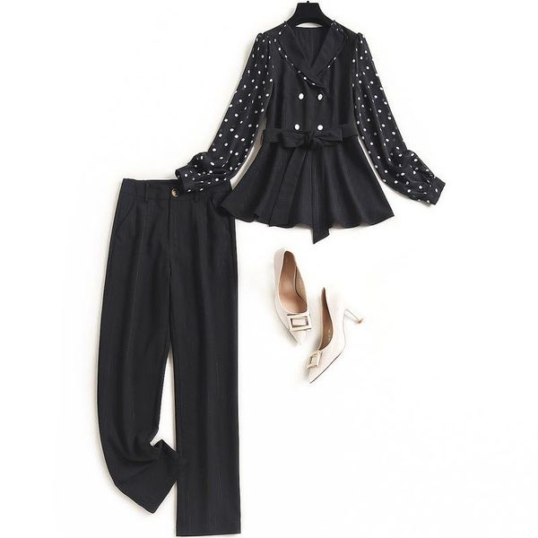 women black pants suits spring summer 2021 polka dot patchwork elegant double breasted shirts trousers two piece set, White
women black pants suits spring summer 2021 polka dot patchwork elegant double breasted shirts trousers two piece set, White