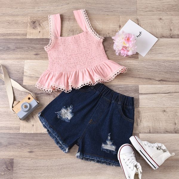 2021 new design good quality fashion selling childrens solid color ruffled vest denim holes shorts two-piece suit, White
2021 new design good quality fashion selling childrens solid color ruffled vest denim holes shorts two-piece suit, White