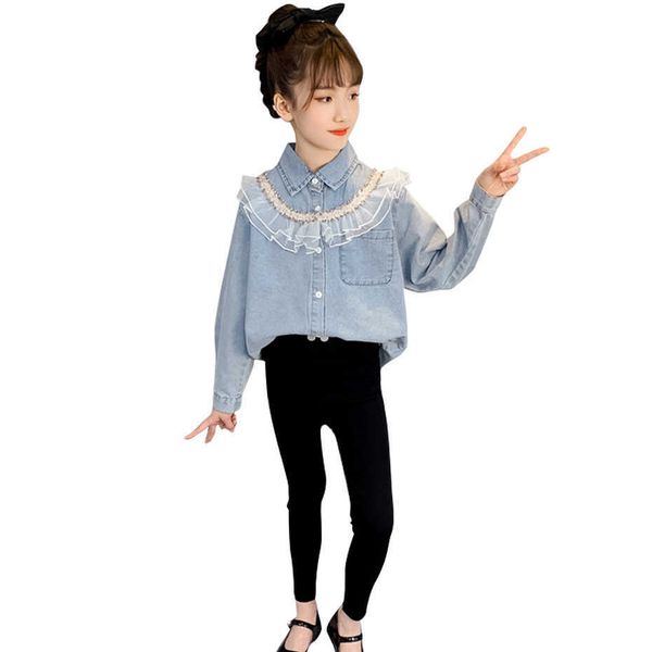 children clothes denim blouse + pants for girls patchwork kids casual style children's girl 210528, White
children clothes denim blouse + pants for girls patchwork kids casual style children's girl 210528, White