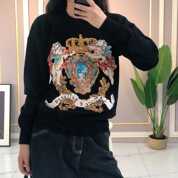 women's sweaters 2022 autumn heavy craft embroidery crown pullover ladies trendy casual long sleeve high quality, White;black
women's sweaters 2022 autumn heavy craft embroidery crown pullover ladies trendy casual long sleeve high quality, White;black