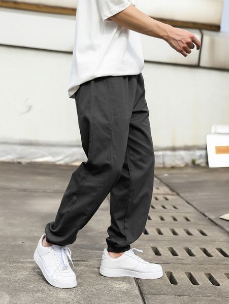 men solid slant pocket elastic waist pants 94c5#, Black
men solid slant pocket elastic waist pants 94c5#, Black