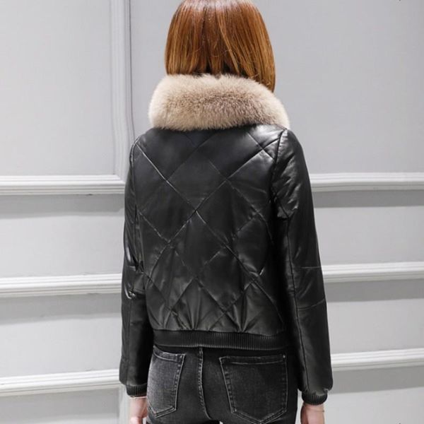 women's leather & faux women winter short down jacket bikers fur collar sheepskin genuine casual slim fit ladies warm outwear coat, Black
women's leather & faux women winter short down jacket bikers fur collar sheepskin genuine casual slim fit ladies warm outwear coat, Black
