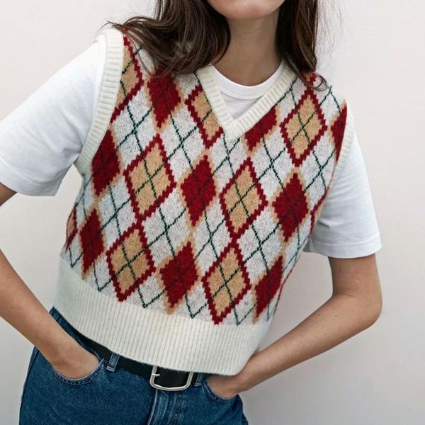 2021 winter british style women rhombus pattern female knit plaid sleeveless sweaters pullover v-neck knit vest sweater, White;black
2021 winter british style women rhombus pattern female knit plaid sleeveless sweaters pullover v-neck knit vest sweater, White;black