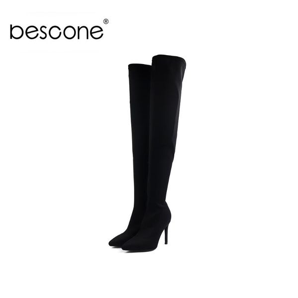 boots bescone fashion women knee-high microfiber rubber comfortable thin heel keep warm shoes pointed toe by184, Black