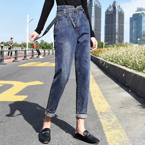 chic high waist femme jeans harem pants women denim blue trousers ankle length capri trousers bf loose jeans with belt 2021 
chic high waist femme jeans harem pants women denim blue trousers ankle length capri trousers bf loose jeans with belt 2021