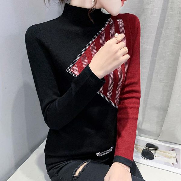 women's sweaters fall winter korean style knitted sweater chic contrast color spliced mock neck diamonds women female, White;black
women's sweaters fall winter korean style knitted sweater chic contrast color spliced mock neck diamonds women female, White;black