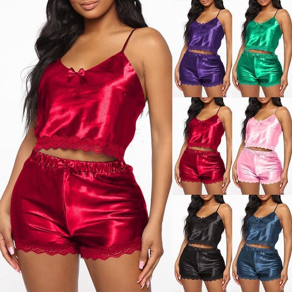 women pajamas sets spaghetti strap and shorts summer satin sleepwear solid colour pyjama sets femme nightwear d30, Black;red
women pajamas sets spaghetti strap and shorts summer satin sleepwear solid colour pyjama sets femme nightwear d30, Black;red