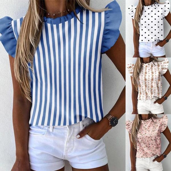 women's blouses & shirts women heart striped floral print shirt o neck ruffled short sleeves blouse, White
women's blouses & shirts women heart striped floral print shirt o neck ruffled short sleeves blouse, White