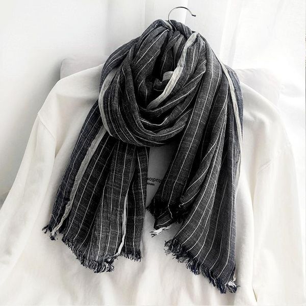 scarves plaid scarf women's literary cotton and linen simple decoration fringed shawl, Blue;gray 
scarves plaid scarf women's literary cotton and linen simple decoration fringed shawl, Blue;gray