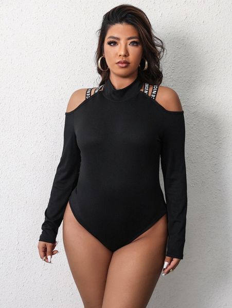 plus letter tape cold shoulder mock neck bodysuit a48v#, Black 
plus letter tape cold shoulder mock neck bodysuit a48v#, Black