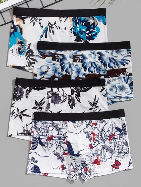men 4pcs random floral print contrast tape boxer brief 89ae#, Black;brown
men 4pcs random floral print contrast tape boxer brief 89ae#, Black;brown