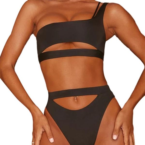 women's swimwear tight two piece women bikini set single shoulder bandage cut out bra navel briefs ladies summer beach, White;black
women's swimwear tight two piece women bikini set single shoulder bandage cut out bra navel briefs ladies summer beach, White;black