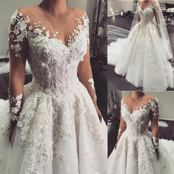 long sleeves wedding dresses bridal gown a line beaded crystals jewel sheer neck 3d floral applique lace tulle sweep train beach country ves, White
long sleeves wedding dresses bridal gown a line beaded crystals jewel sheer neck 3d floral applique lace tulle sweep train beach country ves, White