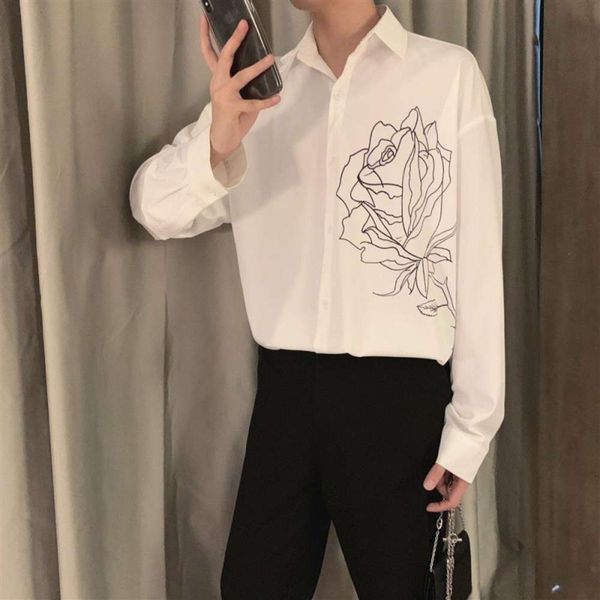 spring and autumn new design line rose print korean long sleeve black white shirt men's loose, White;black
spring and autumn new design line rose print korean long sleeve black white shirt men's loose, White;black