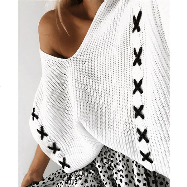 new 2021 autumn long sleeve v neck sweater white off shoulder lave up knitted pullover high street jumper yexu, White;black
new 2021 autumn long sleeve v neck sweater white off shoulder lave up knitted pullover high street jumper yexu, White;black