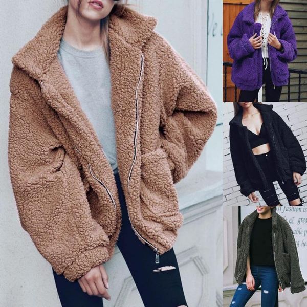 women's wool & blends coat long sleeve big pockets shaggy jacket lapel solid color zipper loose fluffy outerwear for autumn winter, Black
women's wool & blends coat long sleeve big pockets shaggy jacket lapel solid color zipper loose fluffy outerwear for autumn winter, Black