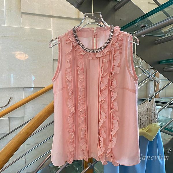 women's blouses & shirts sleeveless chiffon blouse femme 2021 summer exquisite rhinestone round neck ruffled loose shirt lady all-match, White
women's blouses & shirts sleeveless chiffon blouse femme 2021 summer exquisite rhinestone round neck ruffled loose shirt lady all-match, White