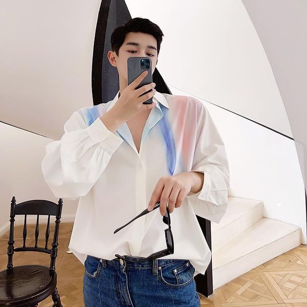men's dress shirts summer 2021 fashion trend shirt male korean version loose casual rendering rainbow print long-sleeved stage show, White;black
men's dress shirts summer 2021 fashion trend shirt male korean version loose casual rendering rainbow print long-sleeved stage show, White;black