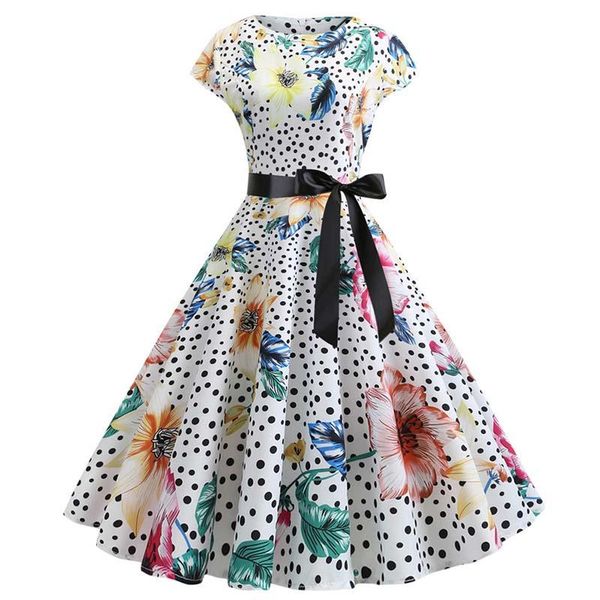 

casual dresses 2021 women summer vintage floral print rockabilly dress robe pinup sundress vestidos plus size polka dot party, Black;gray