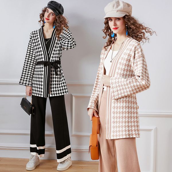 2021 new autumn winter sweater two piece set for women houndstooth lace-up knitted cardigan jacket + wide leg long pant suit nswc, Black;gray
2021 new autumn winter sweater two piece set for women houndstooth lace-up knitted cardigan jacket + wide leg long pant suit nswc, Black;gray