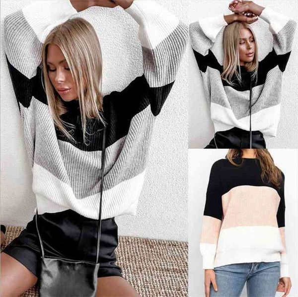 women autumn and winter sweaters round neck contrast stitching simple straight long-sleeved sweaters, White;black
women autumn and winter sweaters round neck contrast stitching simple straight long-sleeved sweaters, White;black