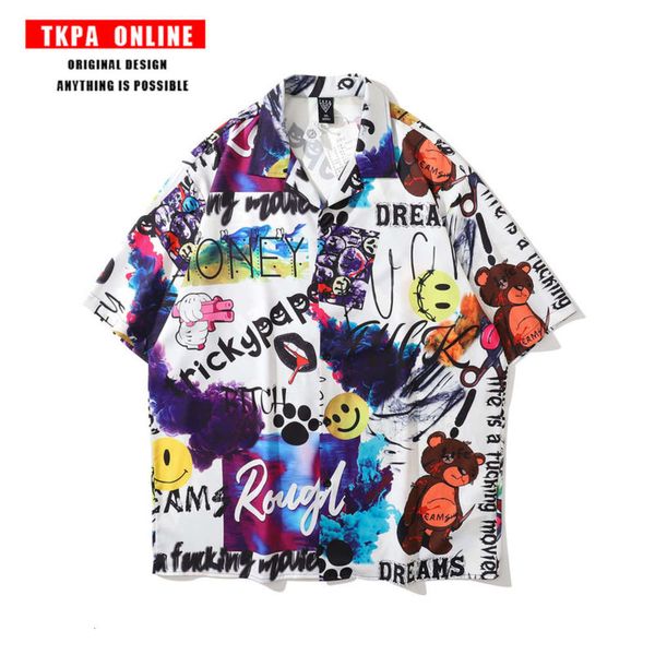 tkpa guochao smiling face printing loose short sleeve shirt men's and women's fashion casual shirt, Tan;black 
tkpa guochao smiling face printing loose short sleeve shirt men's and women's fashion casual shirt, Tan;black