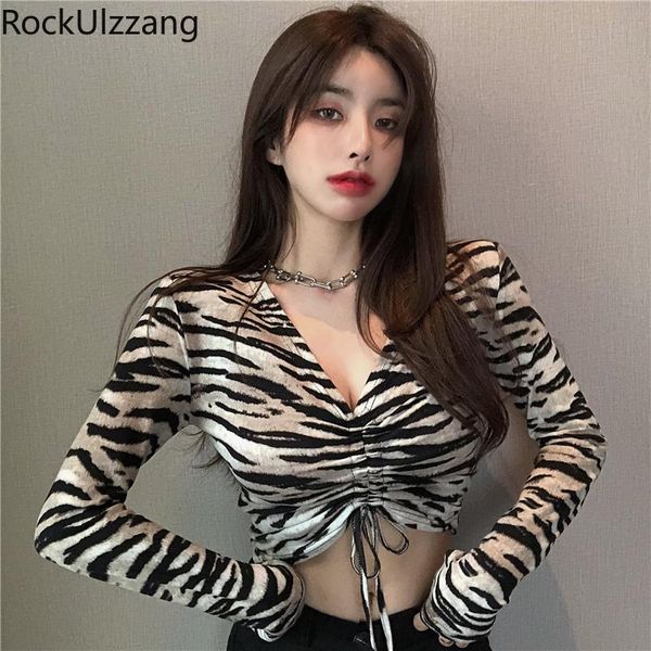 women's t-shirt drawstring ruched bow v-neck women zebra stripe cute bandage crop slim fall blusas korean vintage short t shirt, White 
women's t-shirt drawstring ruched bow v-neck women zebra stripe cute bandage crop slim fall blusas korean vintage short t shirt, White