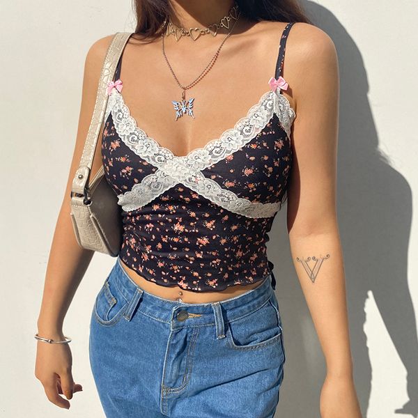 summer floral print sleeveless y2k crop women lace v neck backless camis tees ladies 90s streetwear, White 
summer floral print sleeveless y2k crop women lace v neck backless camis tees ladies 90s streetwear, White