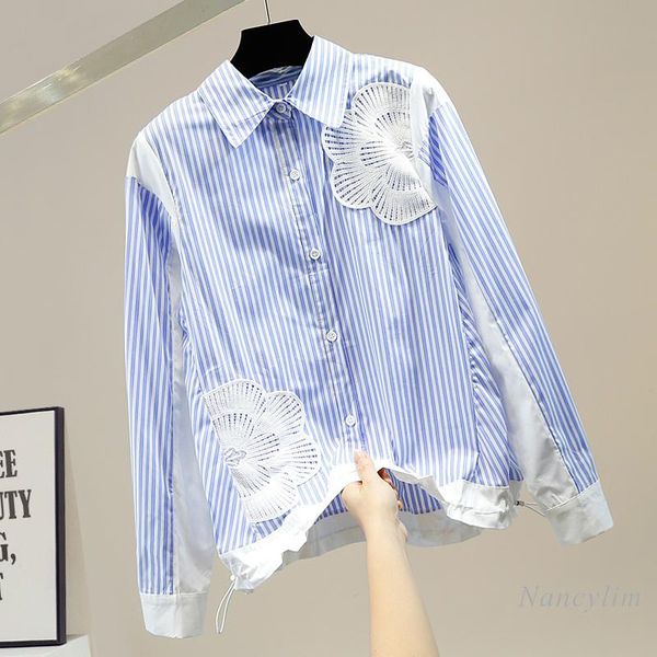women's blouses & shirts stripe shirt women lapel drawstring single-breasted fashion lace patch loose casual lady blouse blusas 2021 sp, White
women's blouses & shirts stripe shirt women lapel drawstring single-breasted fashion lace patch loose casual lady blouse blusas 2021 sp, White