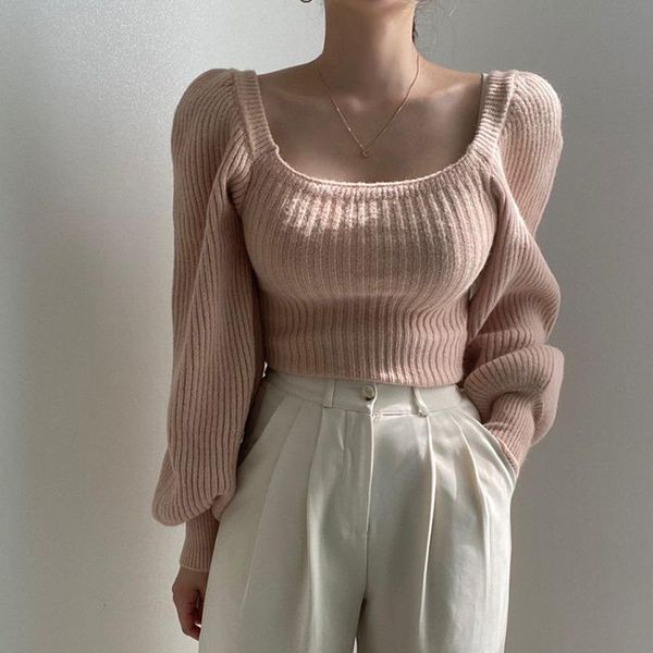 women's puff long sleeve casual knitted pullover sweaters solid slim square neck knit pullovers winter 2021 warm sweater women, White;black
women's puff long sleeve casual knitted pullover sweaters solid slim square neck knit pullovers winter 2021 warm sweater women, White;black