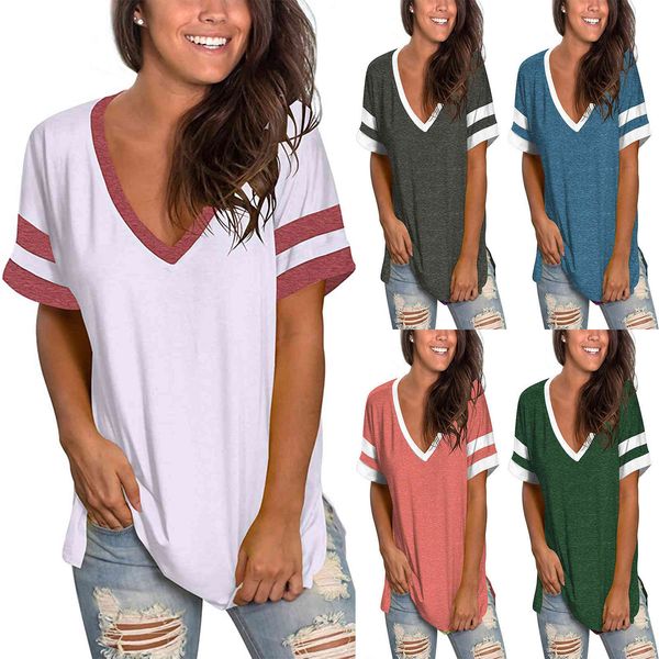 2021 spring and summer new women's wear base shirt solid color v-neck splicing short sleeve loose t-shirt, White
2021 spring and summer new women's wear base shirt solid color v-neck splicing short sleeve loose t-shirt, White