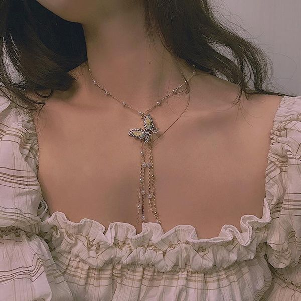 earrings & necklace 2021 korean trendy zircon pearl long tassel color butterfly pendant collar for women summer travel jewelry, Silver
earrings & necklace 2021 korean trendy zircon pearl long tassel color butterfly pendant collar for women summer travel jewelry, Silver