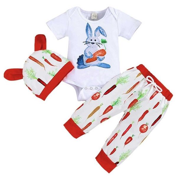 

newborn 0-12 months easter bunny romper infants baby short sleeve rabbit jumpsuit + beanie hat + carrot sports hip hop pants 3 piece boutiqu, White
