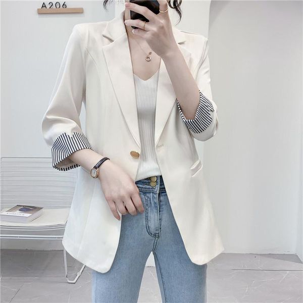 women's suits & blazers women office thin blazer striped three quarter sleeve single button casual ol suit jacket 2021 ladies slim work, White;black
women's suits & blazers women office thin blazer striped three quarter sleeve single button casual ol suit jacket 2021 ladies slim work, White;black