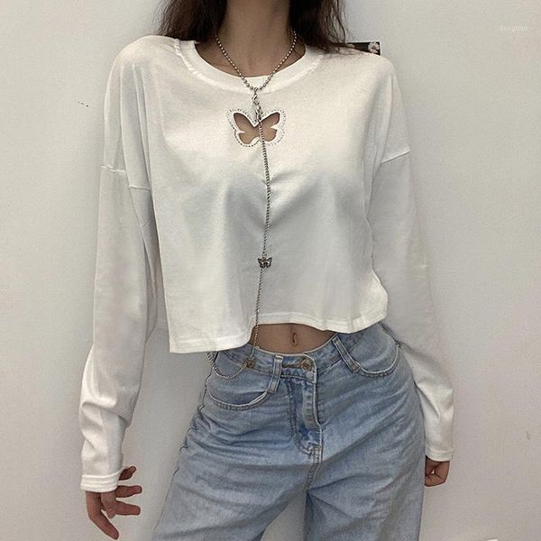 women's t-shirt 2021 casual college style women cotton fall cut out hole with chic chain decoration whiter loose streetwear, White
women's t-shirt 2021 casual college style women cotton fall cut out hole with chic chain decoration whiter loose streetwear, White