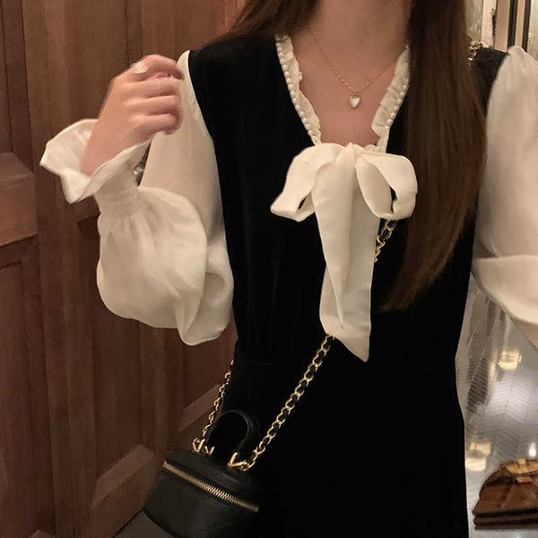 dign stitched veet drs female pearl v-neck petal sleeve bow tie high waist chiffon skirt, Black;gray
dign stitched veet drs female pearl v-neck petal sleeve bow tie high waist chiffon skirt, Black;gray