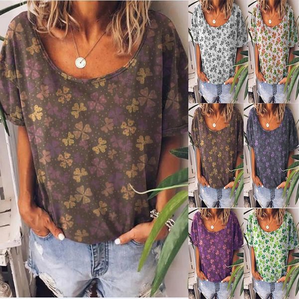 2021 women's summer new four leaf grass print round neck loose short sleeve t-shirt, White 
2021 women's summer new four leaf grass print round neck loose short sleeve t-shirt, White
