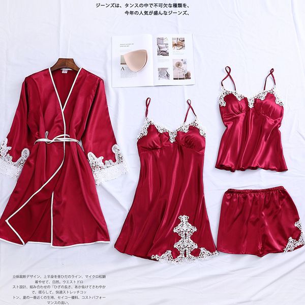 autumn women pajama sets 4 pcs pyjamas lace trim satin sleepwear elegant silk pijama with chest pads nightwear, Black;red
autumn women pajama sets 4 pcs pyjamas lace trim satin sleepwear elegant silk pijama with chest pads nightwear, Black;red