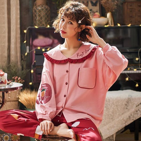 new home wear long sleeve cotton autumn winter sleepwear casual sleep set 2pcs nightwear cute babydoll pajamas pyjamas suit, Black;red
new home wear long sleeve cotton autumn winter sleepwear casual sleep set 2pcs nightwear cute babydoll pajamas pyjamas suit, Black;red