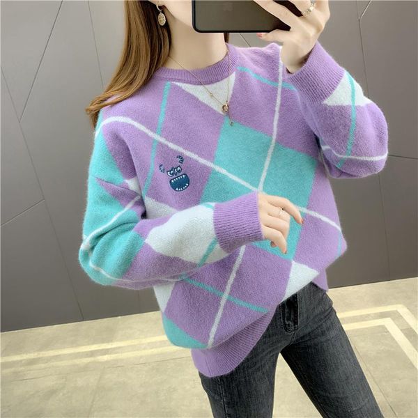 women's sweaters 2021 autumn winter women loose pullover sweater cute embroidery argyle contrast color knitted, White;black
women's sweaters 2021 autumn winter women loose pullover sweater cute embroidery argyle contrast color knitted, White;black