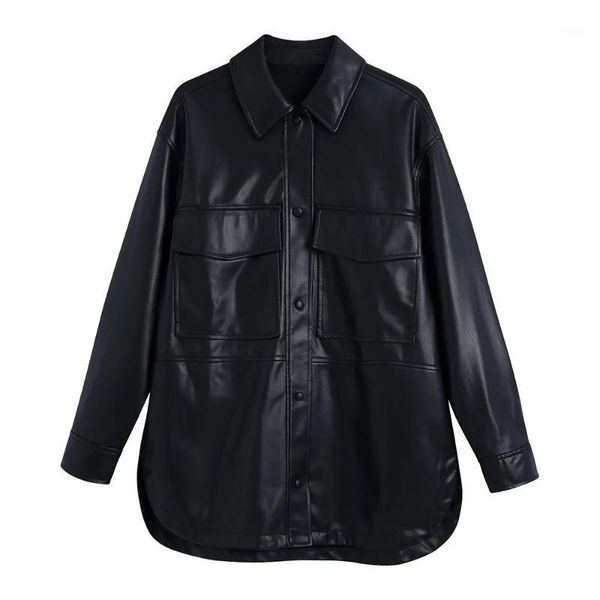 women's jackets 2021 black faux leather overshirts woman fashion lepel long sleeve autumn vintage side vents hem button female coats, Black;brown
women's jackets 2021 black faux leather overshirts woman fashion lepel long sleeve autumn vintage side vents hem button female coats, Black;brown