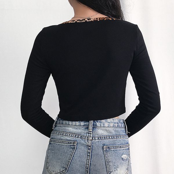 women streetwear slim splice leopard button crop gothic female black knitt tshirts 2021 new autumn fashion, White
women streetwear slim splice leopard button crop gothic female black knitt tshirts 2021 new autumn fashion, White