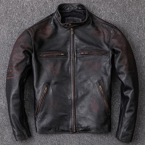 men's leather & faux vintage retro 2021 genuine jacket men cowhide stand collar motorcycle biker clothing casual simple coat, Black
men's leather & faux vintage retro 2021 genuine jacket men cowhide stand collar motorcycle biker clothing casual simple coat, Black