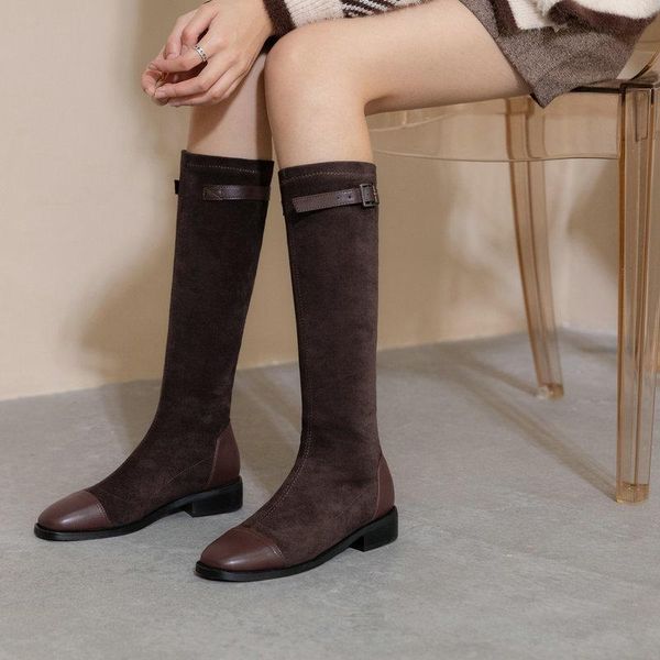 boots style ladies microfiber stitching knee fashion belt buckle sleeve low heel round toe women's shoes, Black
boots style ladies microfiber stitching knee fashion belt buckle sleeve low heel round toe women's shoes, Black