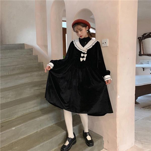 casual dresses vintage women velour dress winter lolita sailor collar black velvet female kawaii bow retro a line party midi, Black;gray
casual dresses vintage women velour dress winter lolita sailor collar black velvet female kawaii bow retro a line party midi, Black;gray