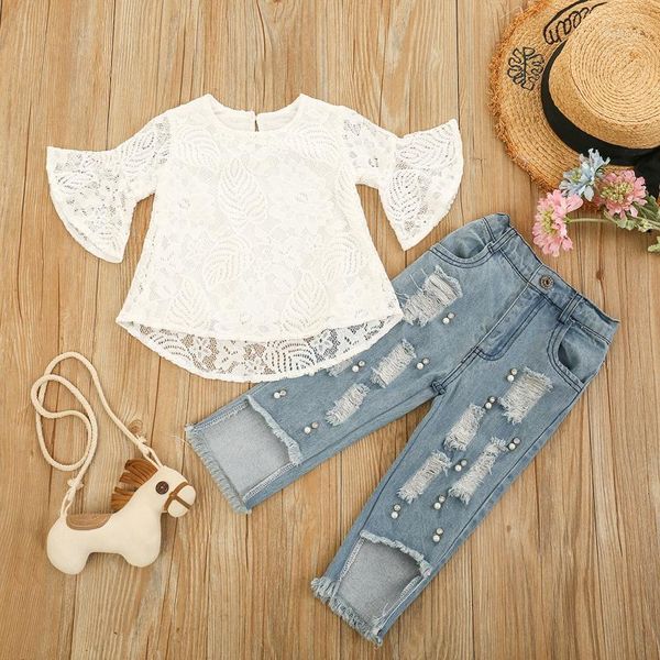 1-5y summer fashion kids girls clothes sets lace floral flare sleeve t shirts pearl hole denim pants clothing, White 
1-5y summer fashion kids girls clothes sets lace floral flare sleeve t shirts pearl hole denim pants clothing, White