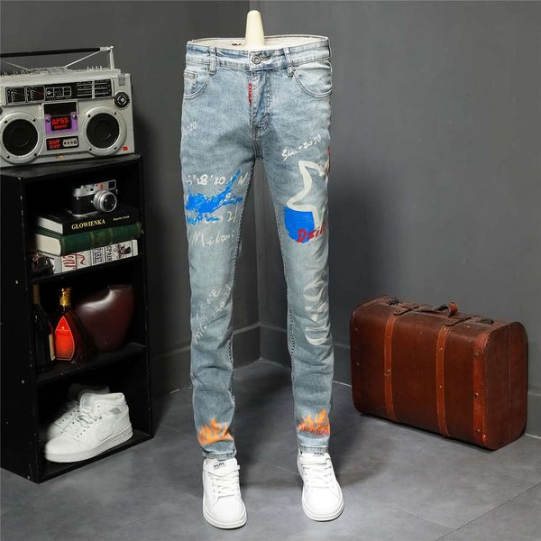 autumn and winter new fashion brand printed light color jeans men's korean trend slim leggings personalized stretch pants, Blue
autumn and winter new fashion brand printed light color jeans men's korean trend slim leggings personalized stretch pants, Blue