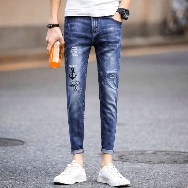 spring and summer hole patch elastic capris slim small leg jeans handsome young versatile pants men's wash, Blue
spring and summer hole patch elastic capris slim small leg jeans handsome young versatile pants men's wash, Blue
