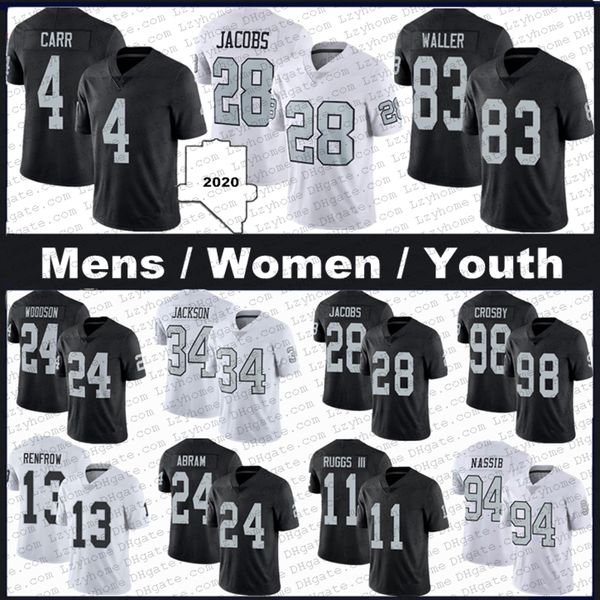 11 henry ruggs iii 28 josh jacob las 83 darren waller football jerseys bo jackson vegas derek racarr charles woodson maxx crosby renfrow how, Black;red